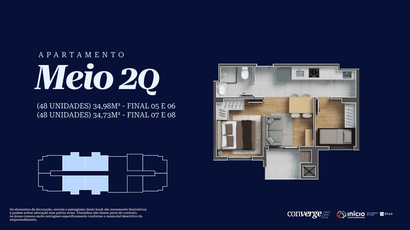 Planta humanizada do apartamento 2 quartos meio do Converge